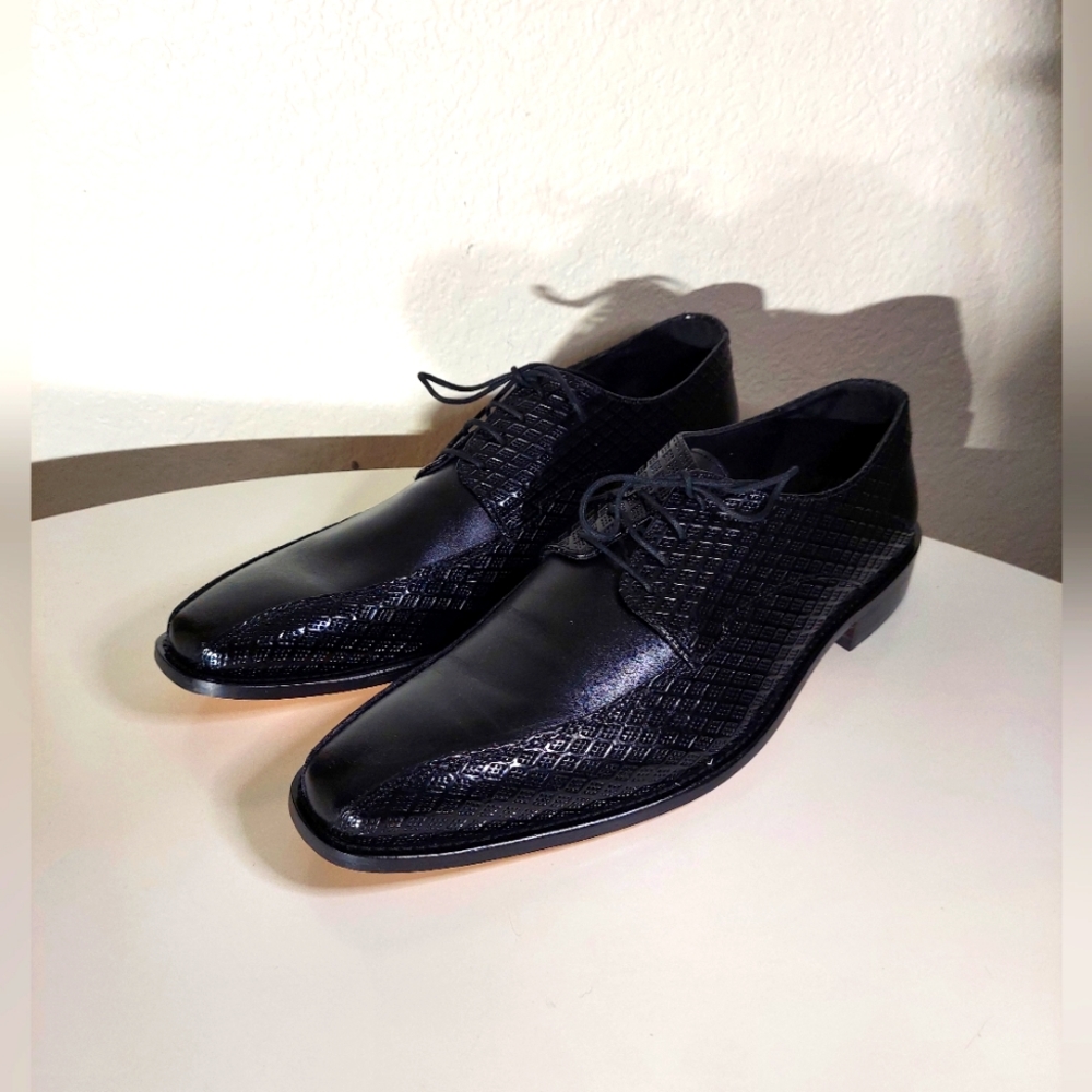 Stacy Adams Black Printed Cow Leather Lace Up Oxford Dress Shoes